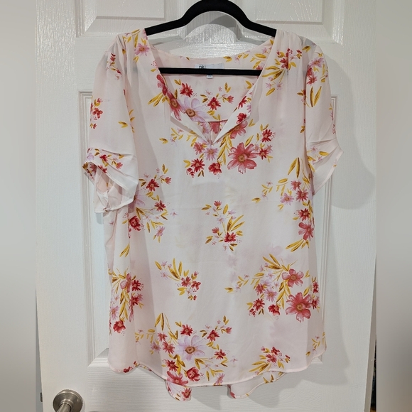 DR2 Cream Floral V-Neck Short Sleeve Blouse in Size XXL - Picture 1 of 10